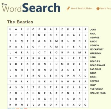 Beatles' Songs Printable Word Search Puzzle
